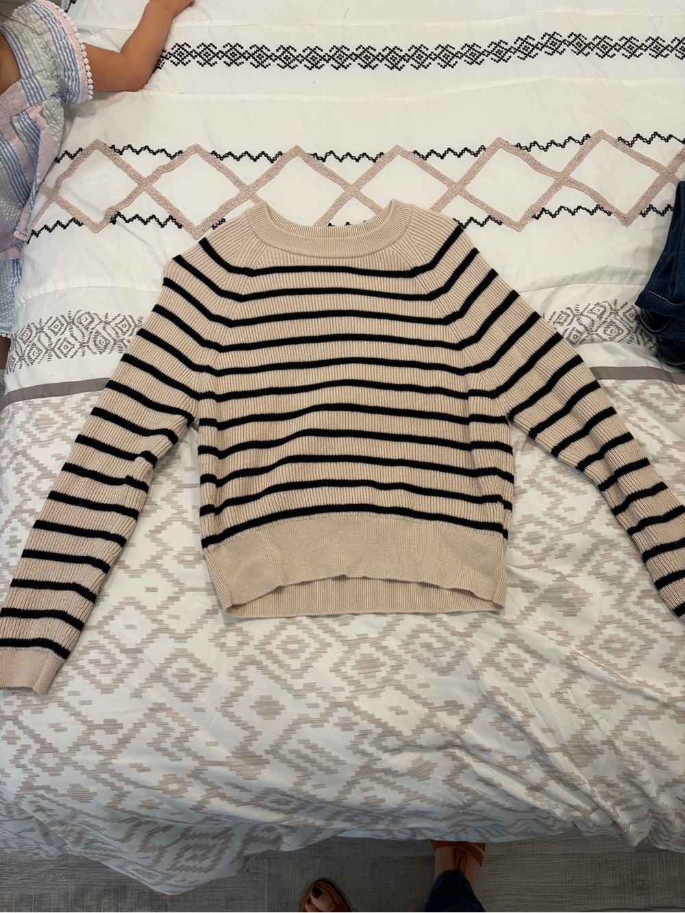 Sezane Beige and Black Striped Crewneck Sweater